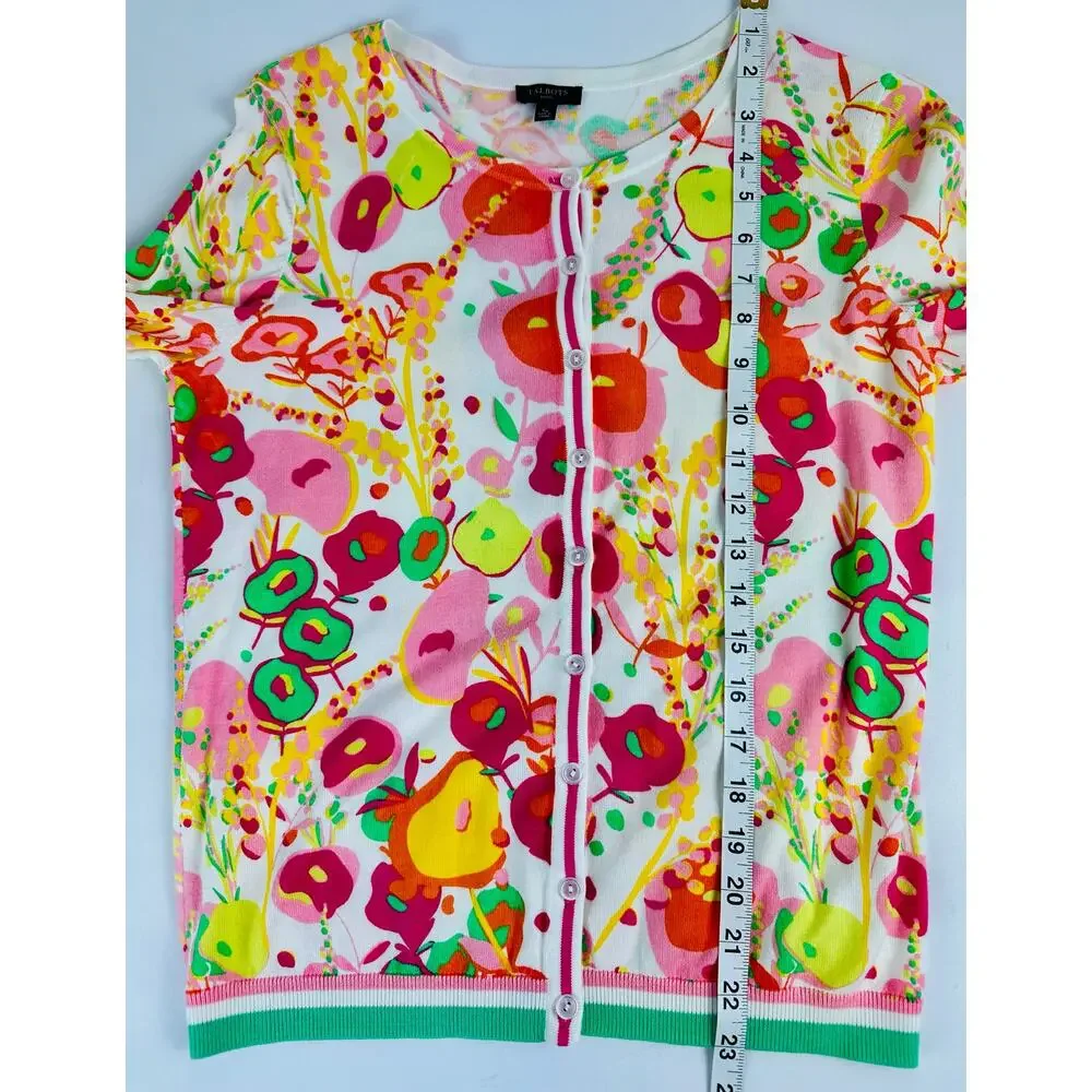 Talbots Small Floral Charming Cardigan Sweater Cotton Floral 3/4 Sleeve Bright - Picture 6 of 7
